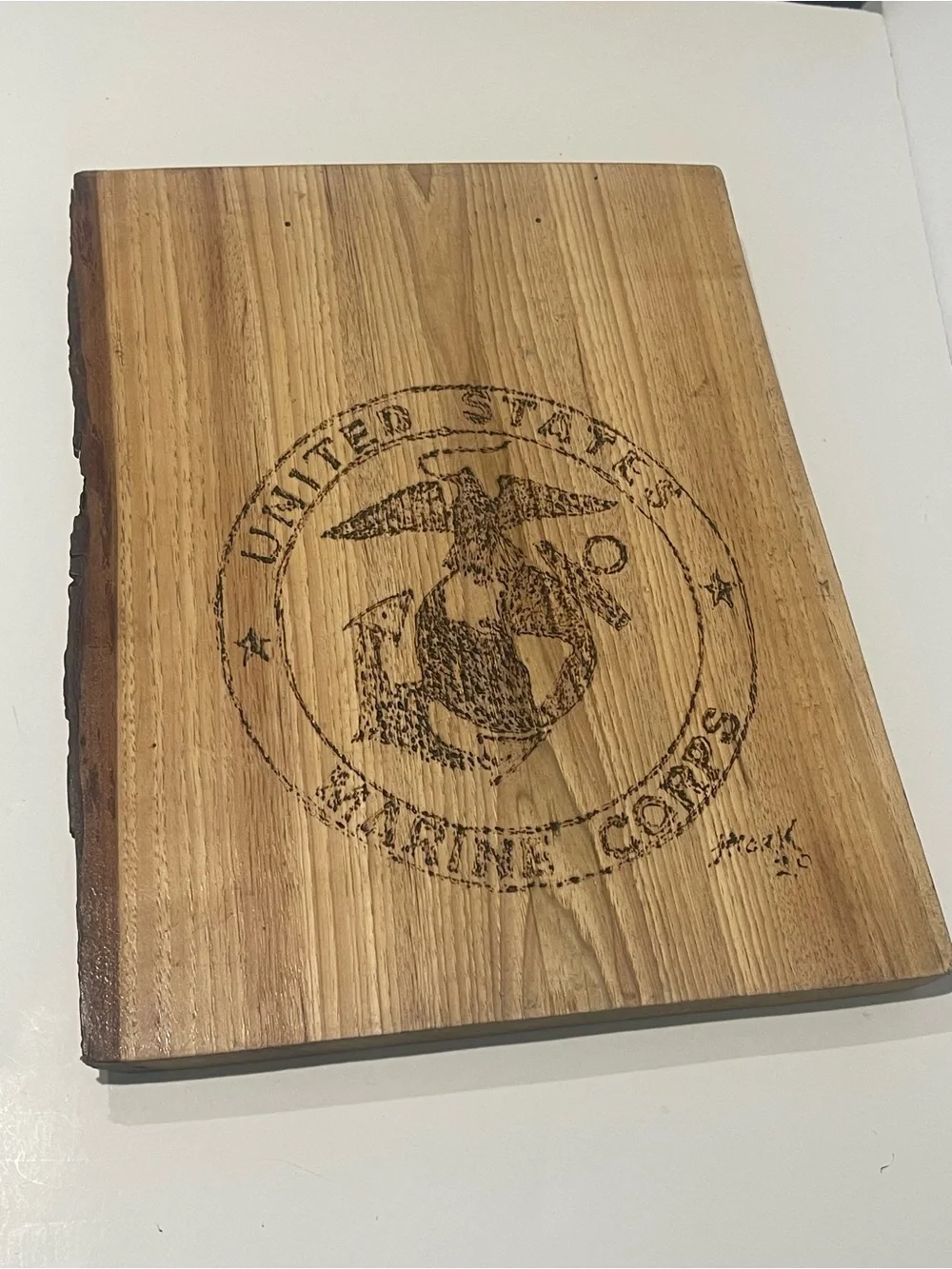 Rustic Live Edge Wooden clip Board with US Marine Corps Seal custom made engrave
